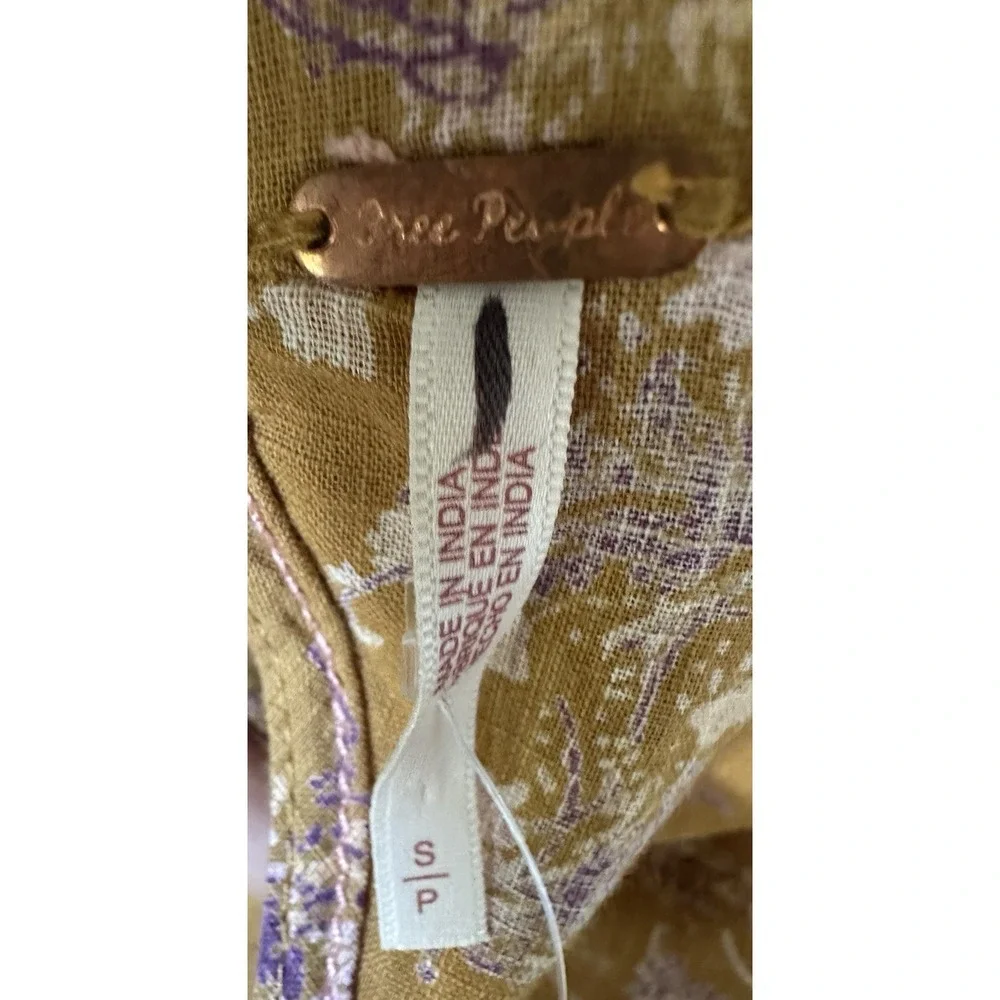 Free People Boho Floral Puff Sleeve Open Back Crop Top Mustard Purple Sz S - Picture 10 of 12